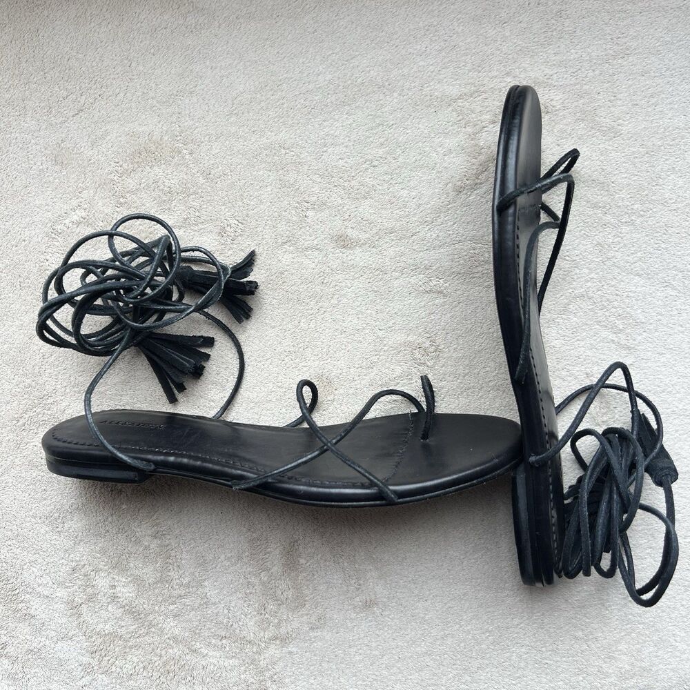All Saints Black Leather Lace-Up Flat Sandals